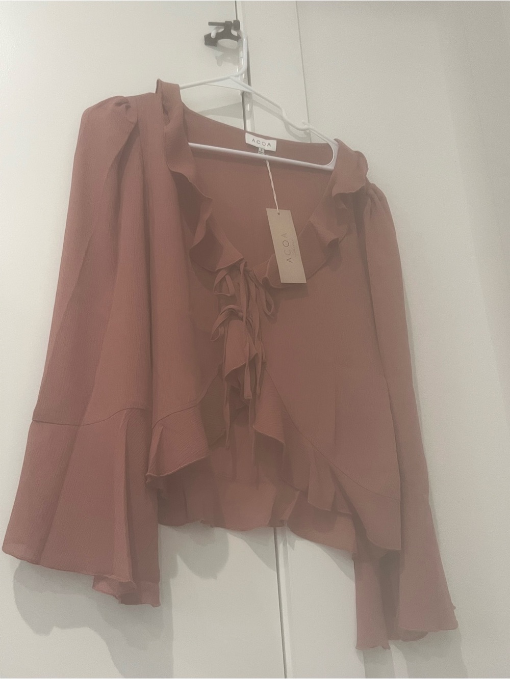 Ruffled Tie-Front Blouse in Dusty Rose by lane 201